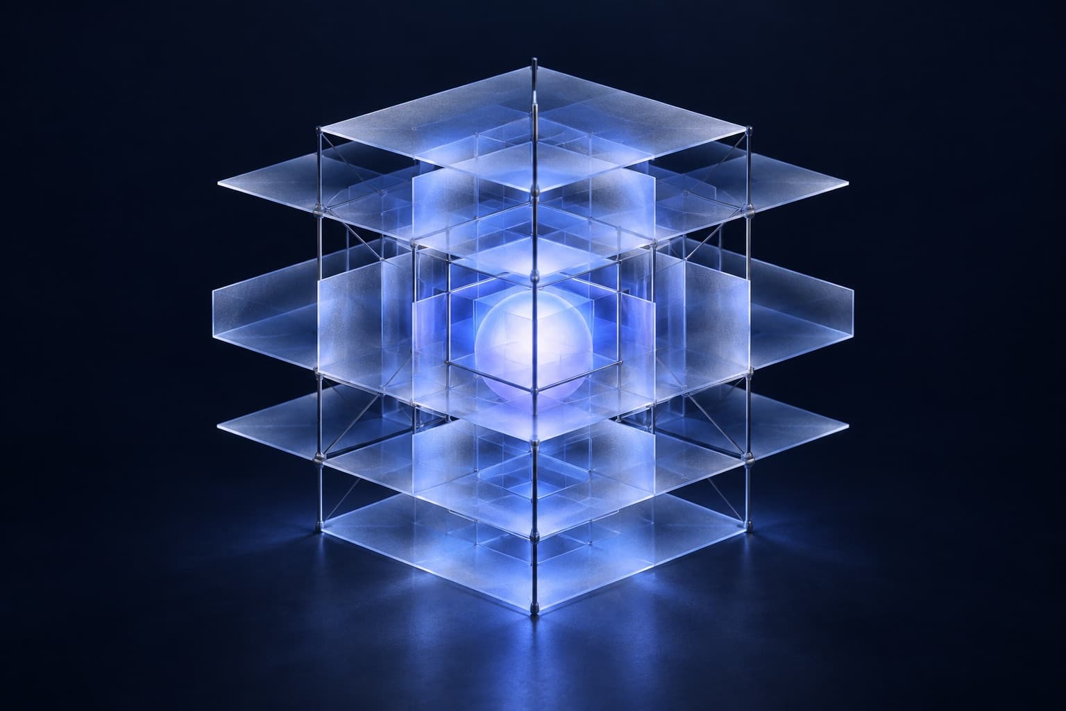 A layered glass structure with a glowing core built into its centre