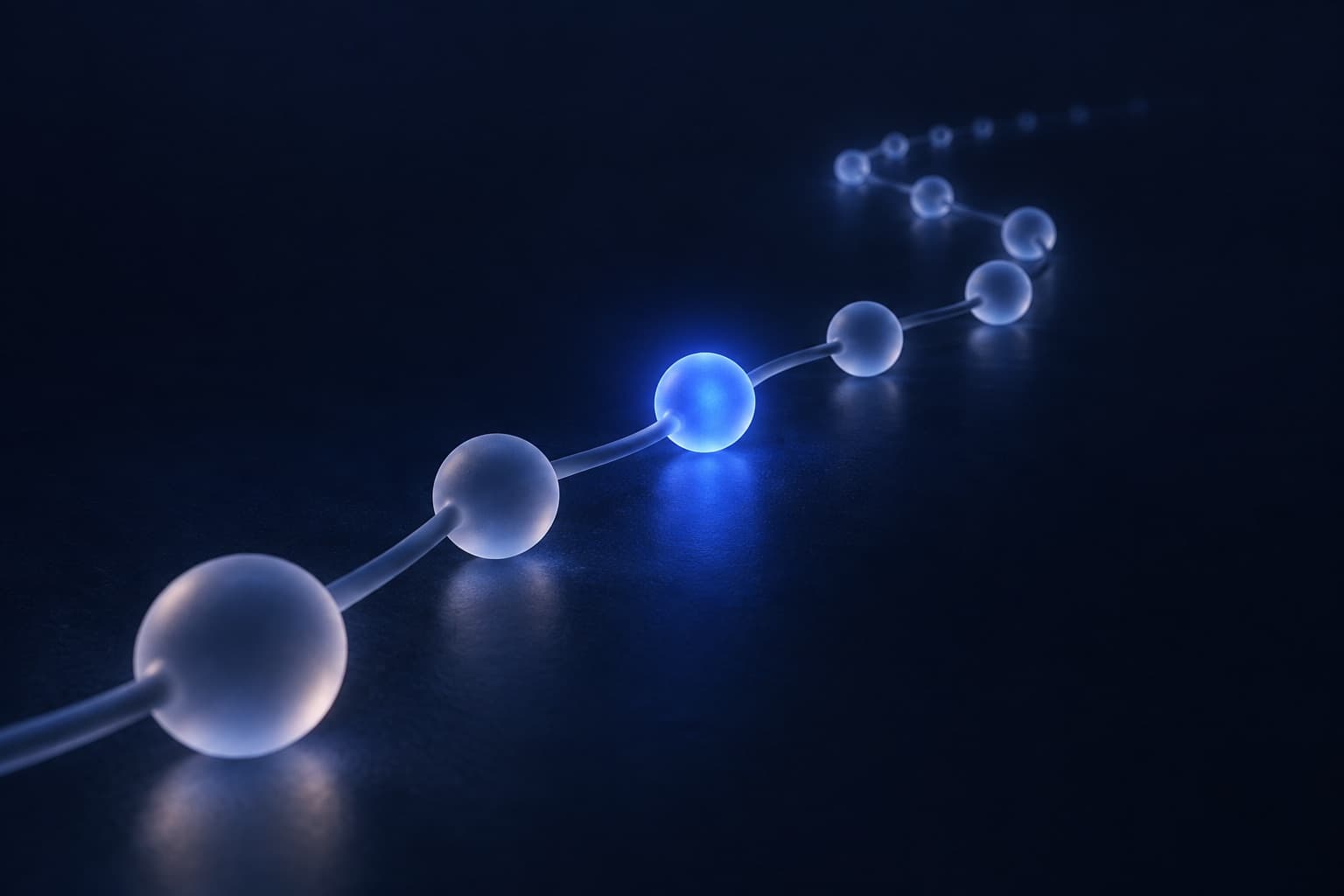 A winding line of connected glass nodes with one node lit bright blue